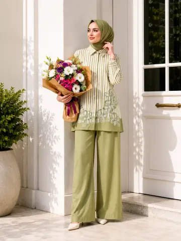 PUREVA NAKIŞLI TUNİK TENCEL PANTALON TAKIM