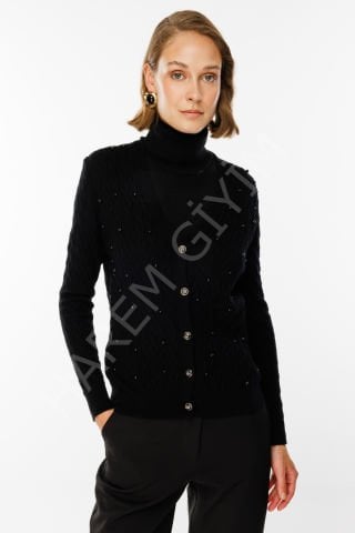 ON TRIKO SAÇ ÖRGÜ DESEN V YAKA İNCİ DETAYLI HIRKA