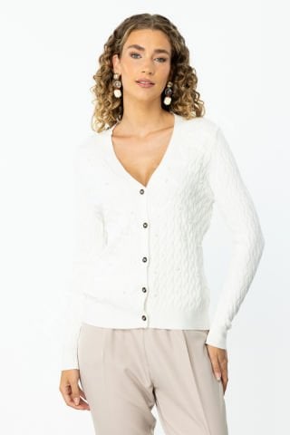 ON TRIKO SAÇ ÖRGÜ DESEN V YAKA İNCİ DETAYLI HIRKA