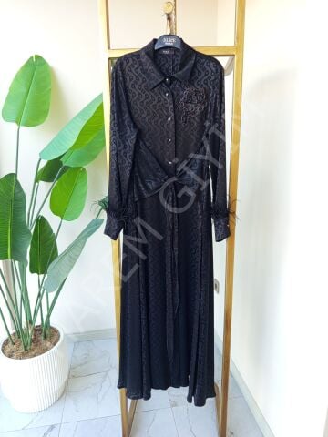 NUR'E OTRİŞLİ JAKARLI SİYAH ELBİSE