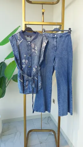 MY312 NAKIŞ İŞLEMELİ YELEKLİ DENİM TAKIM