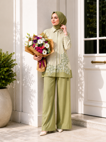 PUREVA NAKIŞLI TUNİK TENCEL PANTALON TAKIM